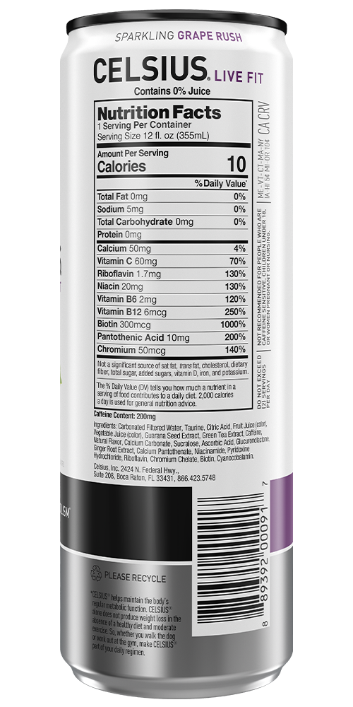 Celsius Sparkling Grape Rush Nutrition