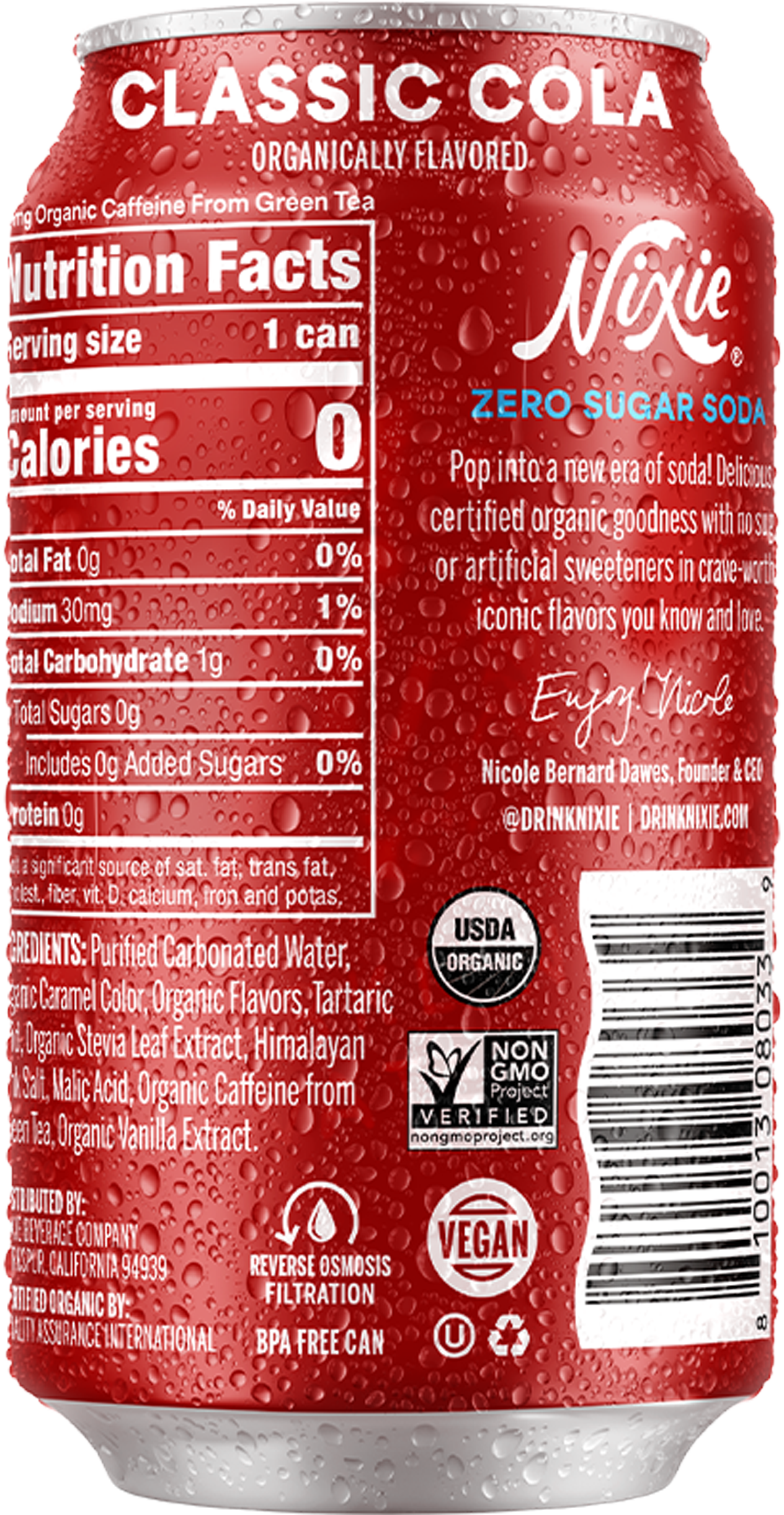53250 NIXIE 12-12OZ CLASSIC COLA ORGANIC ZERO SUGAR SODA BACK