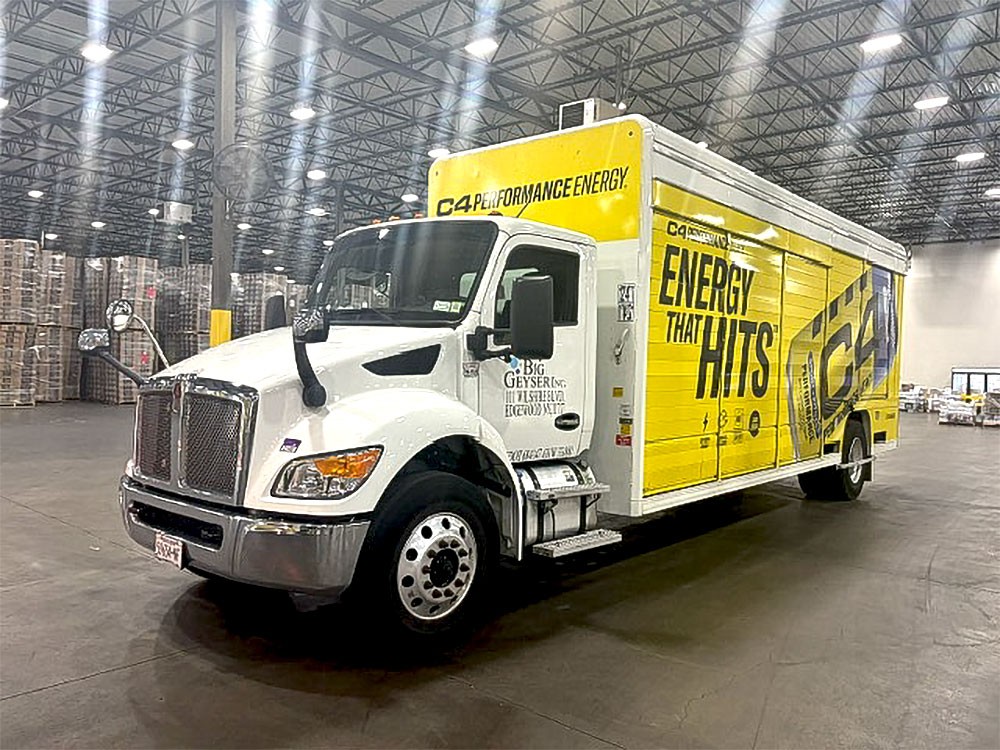 Big Geyser truck with C4 Energy graphics in the warehouse